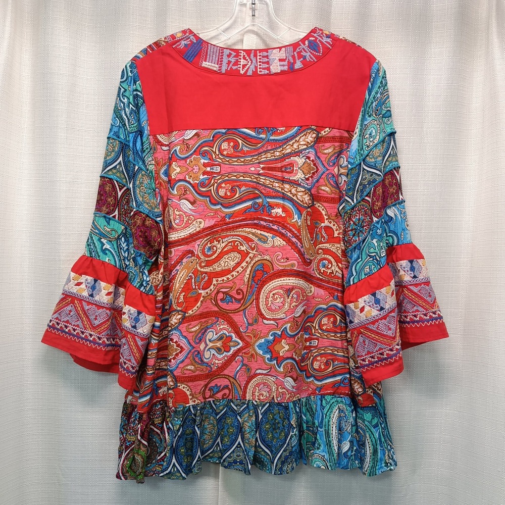 Calessa Tunic Top Womens L Paisley Boho Embroidered V-Neck 3/4 Bell Sleeve Flowy - Picture 6 of 6